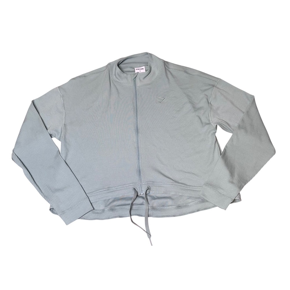 Gymshark Womens Small Ribbed Full Zip Cropped Jacket Sage Green Mock Neck Active